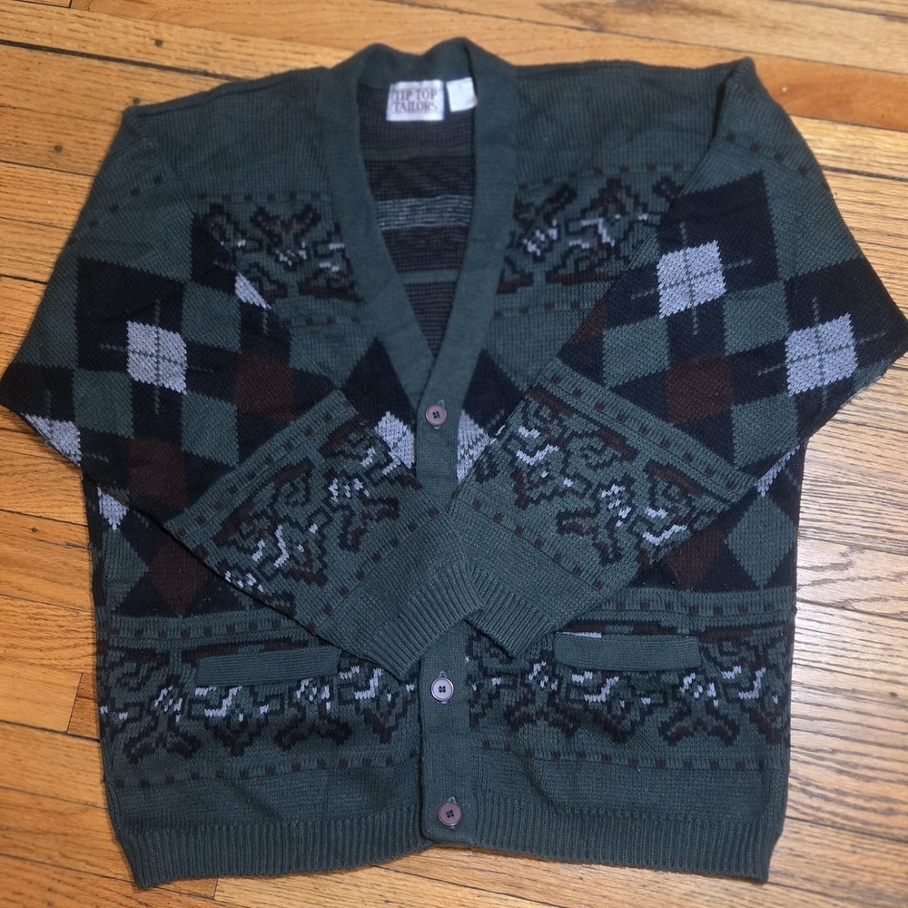Others Follow Green and Black Argyle Cardigan